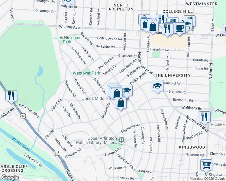 map of restaurants, bars, coffee shops, grocery stores, and more near 2164 Arlington Avenue in Upper Arlington