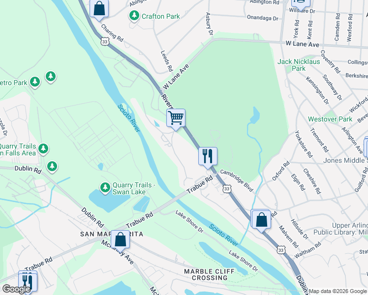 map of restaurants, bars, coffee shops, grocery stores, and more near 2215 Lane Woods Drive in Columbus