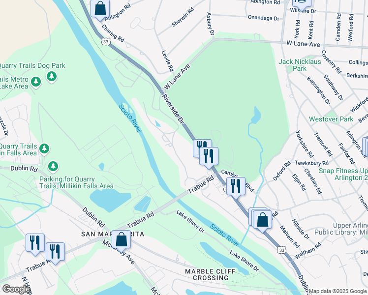 map of restaurants, bars, coffee shops, grocery stores, and more near 2215 Lane Woods Drive in Columbus