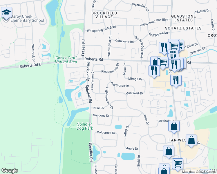 map of restaurants, bars, coffee shops, grocery stores, and more near 2424 Highlandtown Drive in Hilliard