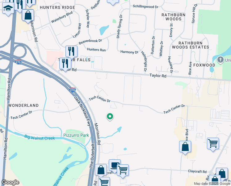 map of restaurants, bars, coffee shops, grocery stores, and more near 850 Tech Center Drive in Gahanna