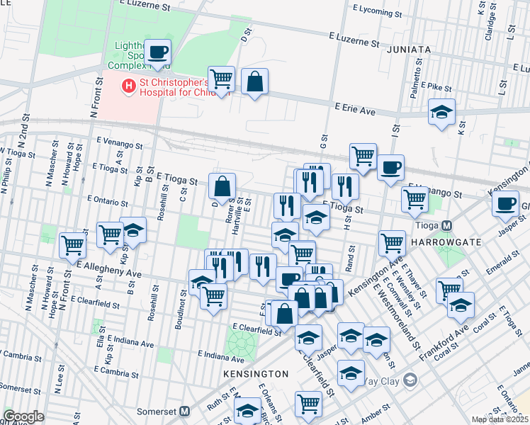 map of restaurants, bars, coffee shops, grocery stores, and more near 3413 Keim Street in Philadelphia