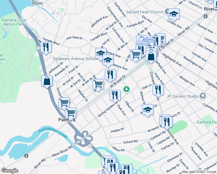 map of restaurants, bars, coffee shops, grocery stores, and more near 319 West Broad Street in Palmyra