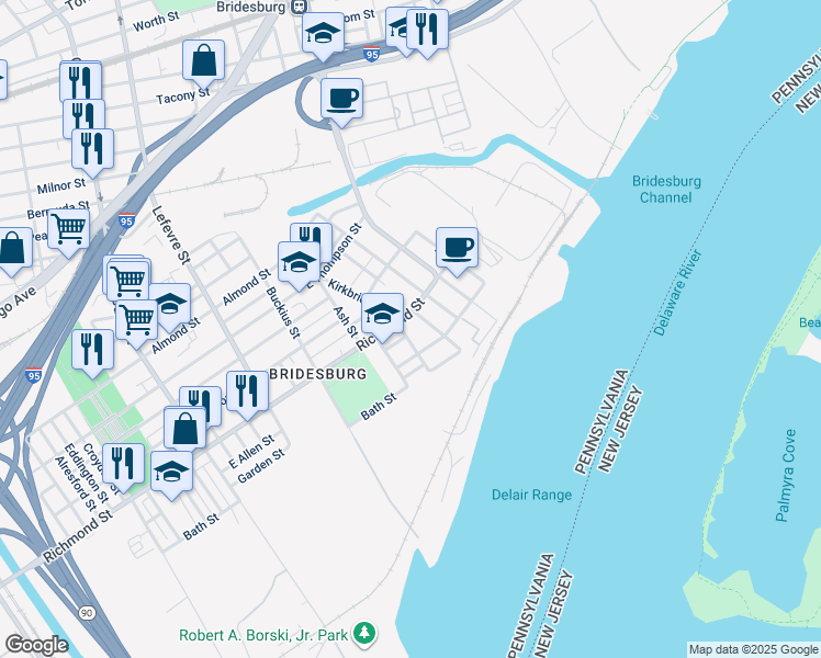 map of restaurants, bars, coffee shops, grocery stores, and more near 2815 Kirkbride Street in Philadelphia