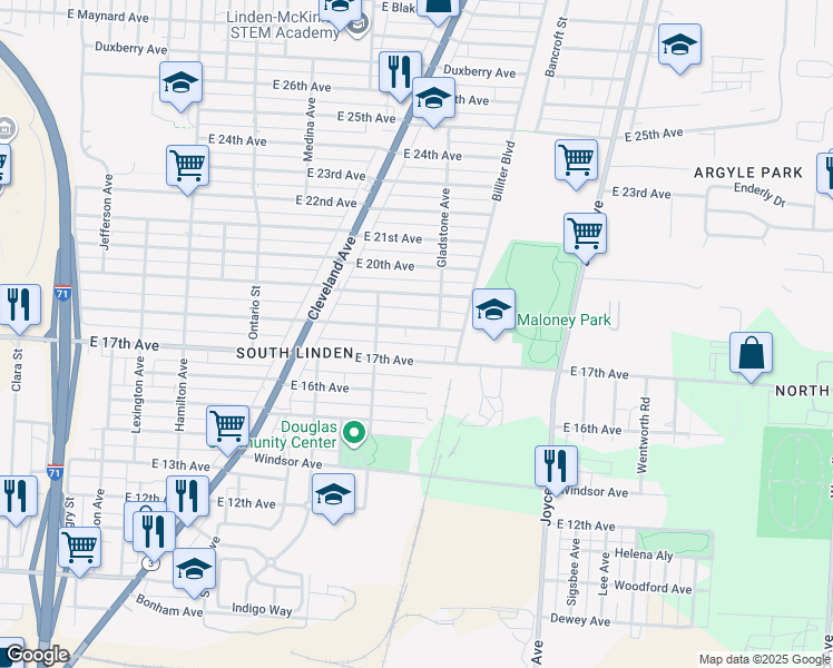 map of restaurants, bars, coffee shops, grocery stores, and more near 1356 East 17th Avenue in Columbus