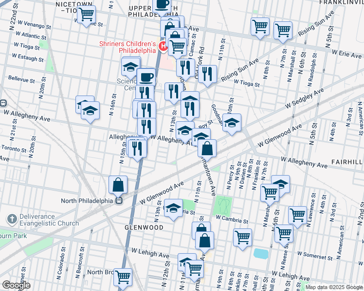 map of restaurants, bars, coffee shops, grocery stores, and more near 1212 West Allegheny Avenue in Philadelphia