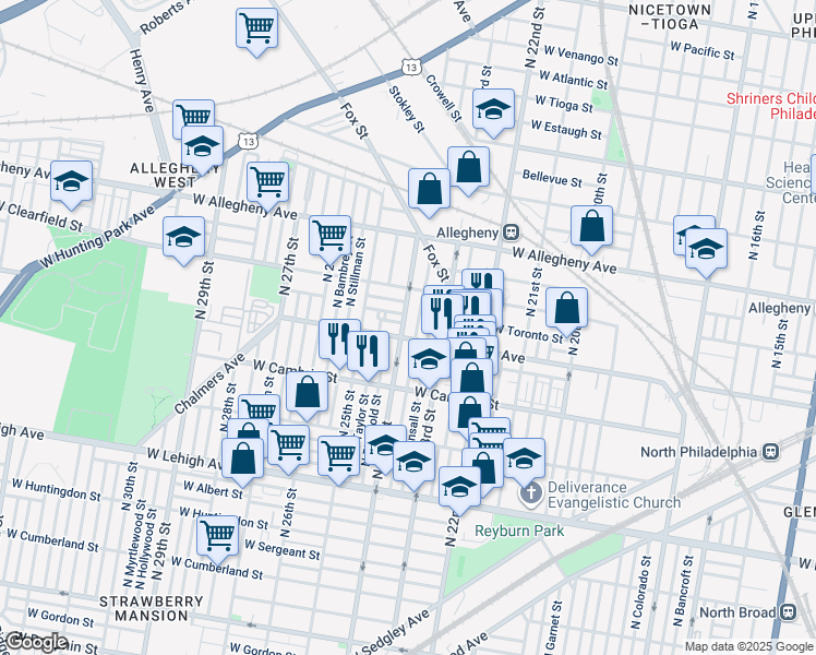 map of restaurants, bars, coffee shops, grocery stores, and more near 3011 North 24th Street in Philadelphia