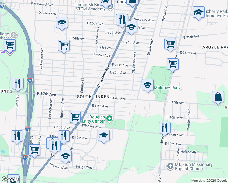 map of restaurants, bars, coffee shops, grocery stores, and more near 1308 East 17th Avenue in Columbus