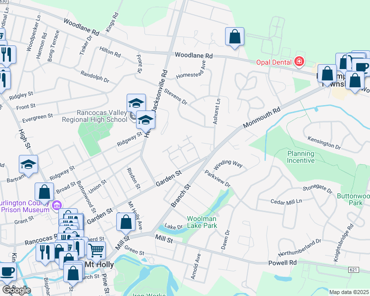 map of restaurants, bars, coffee shops, grocery stores, and more near 533 Garden Street in Mount Holly