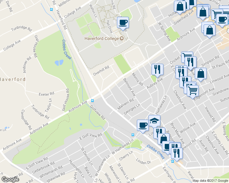 map of restaurants, bars, coffee shops, grocery stores, and more near 2941 Mapleshade Road in Ardmore