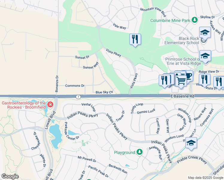 map of restaurants, bars, coffee shops, grocery stores, and more near 3100 Blue sky Circle in Erie