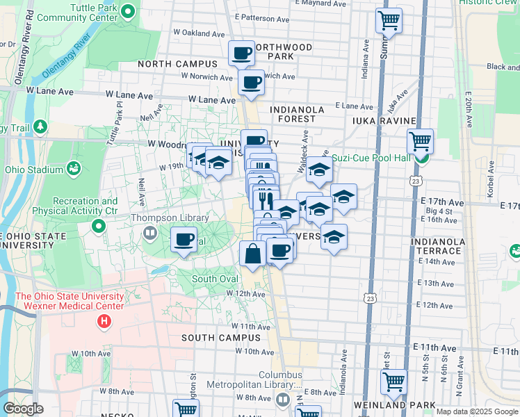 map of restaurants, bars, coffee shops, grocery stores, and more near 1896 N High St in Columbus