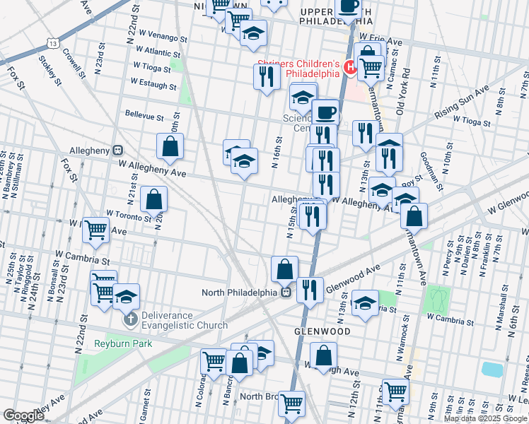 map of restaurants, bars, coffee shops, grocery stores, and more near 3118 North 16th Street in Philadelphia