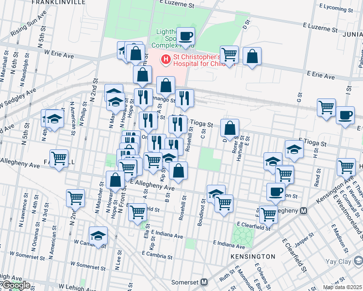 map of restaurants, bars, coffee shops, grocery stores, and more near 314 East Ontario Street in Philadelphia