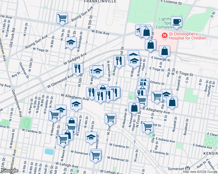 map of restaurants, bars, coffee shops, grocery stores, and more near 229 West Westmoreland Street in Philadelphia