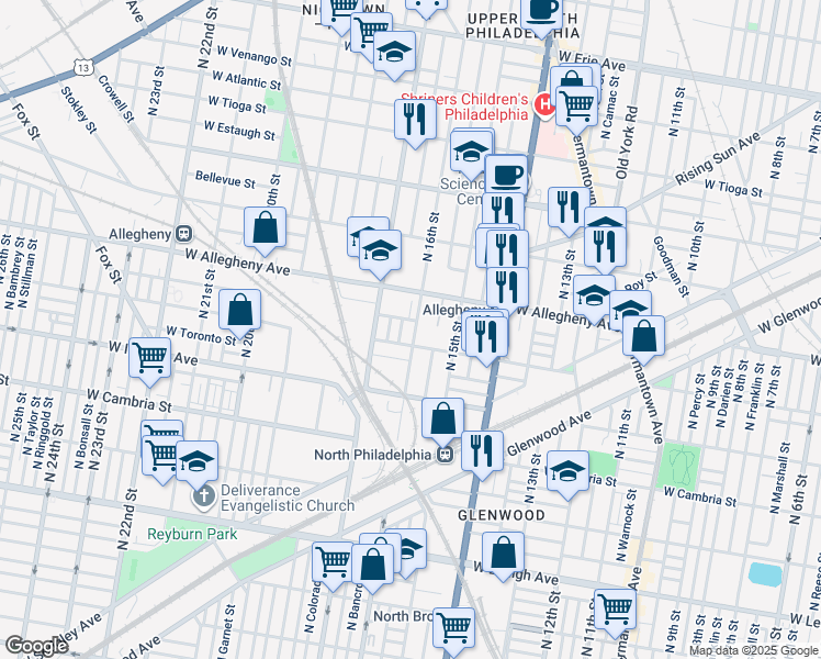 map of restaurants, bars, coffee shops, grocery stores, and more near 3118 North 16th Street in Philadelphia