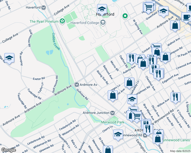 map of restaurants, bars, coffee shops, grocery stores, and more near 2941 Mapleshade Road in Ardmore