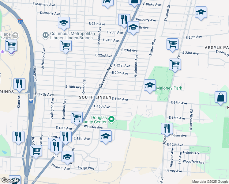 map of restaurants, bars, coffee shops, grocery stores, and more near 1308 East 17th Avenue in Columbus