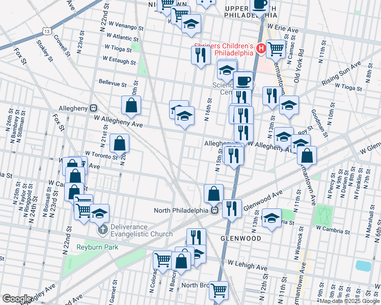 map of restaurants, bars, coffee shops, grocery stores, and more near 3117 North Chadwick Street in Philadelphia