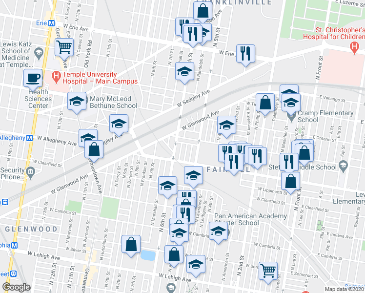 map of restaurants, bars, coffee shops, grocery stores, and more near 3245 North Fairhill Street in Philadelphia