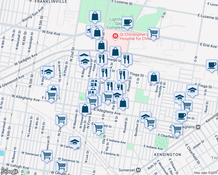 map of restaurants, bars, coffee shops, grocery stores, and more near 3339 A Street in Philadelphia