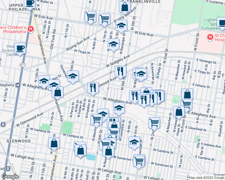 map of restaurants, bars, coffee shops, grocery stores, and more near 3245 North Fairhill Street in Philadelphia