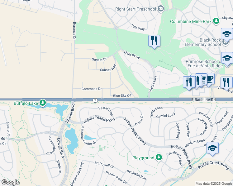 map of restaurants, bars, coffee shops, grocery stores, and more near 1465 Blue sky Circle in Erie