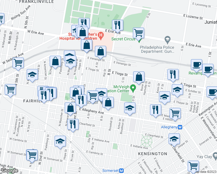 map of restaurants, bars, coffee shops, grocery stores, and more near 304 East Ontario Street in Philadelphia