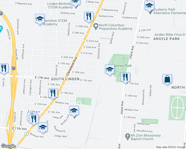 map of restaurants, bars, coffee shops, grocery stores, and more near 1371 East 18th Avenue in Columbus