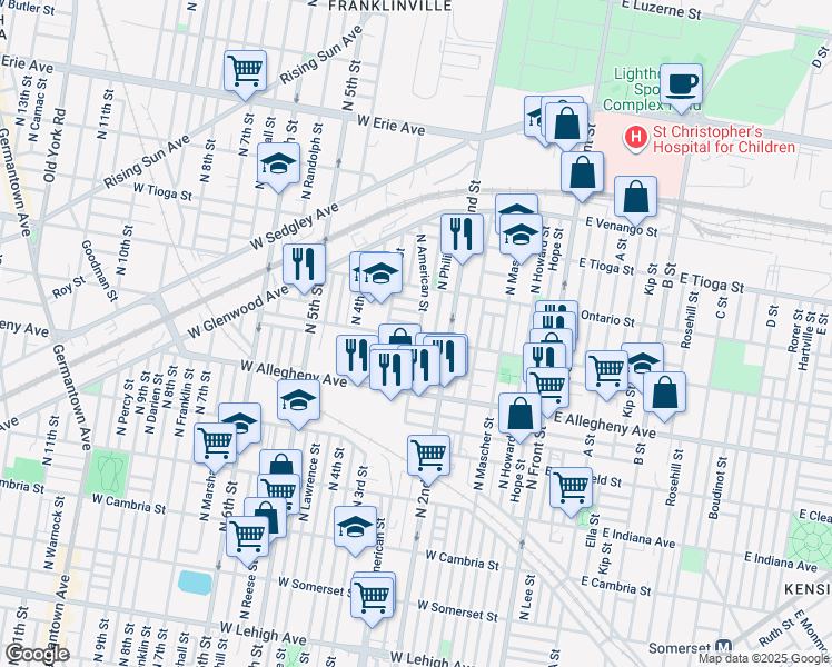 map of restaurants, bars, coffee shops, grocery stores, and more near 241 West Westmoreland Street in Philadelphia