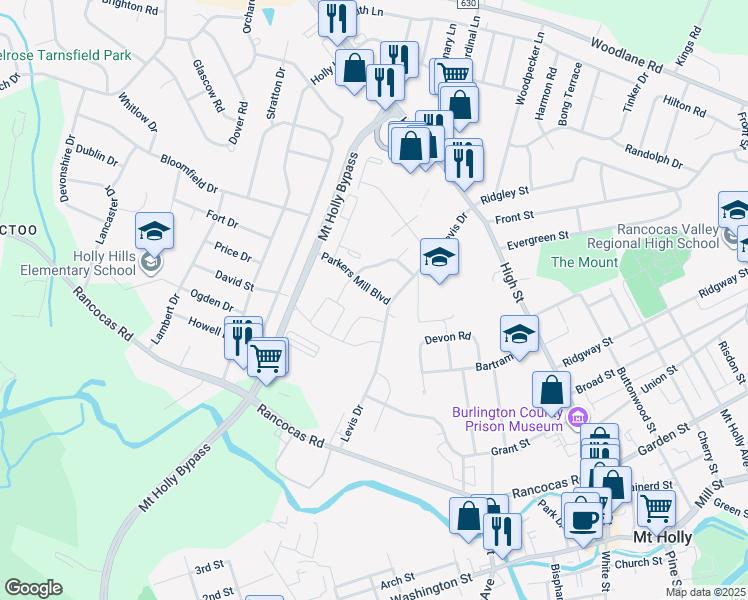 map of restaurants, bars, coffee shops, grocery stores, and more near 298 Levis Drive in Mount Holly