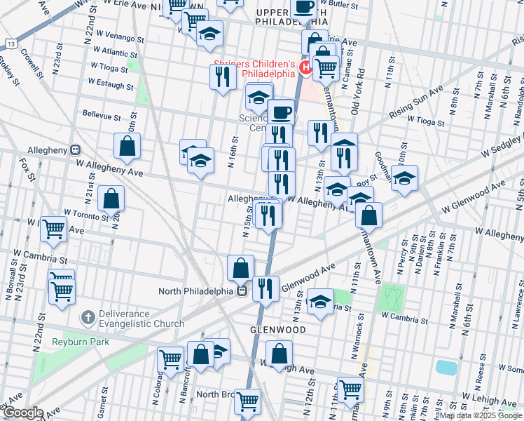 map of restaurants, bars, coffee shops, grocery stores, and more near 3139 North Carlisle Street in Philadelphia