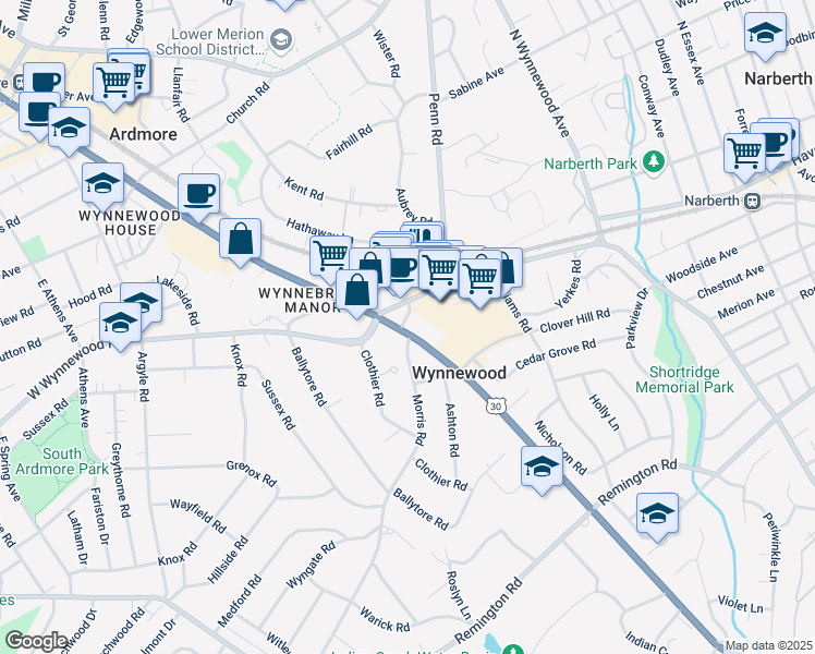 map of restaurants, bars, coffee shops, grocery stores, and more near 514 East Lancaster Avenue in Wynnewood