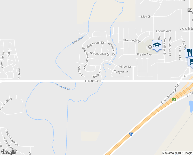 map of restaurants, bars, coffee shops, grocery stores, and more near 843 Willow Drive in Lochbuie