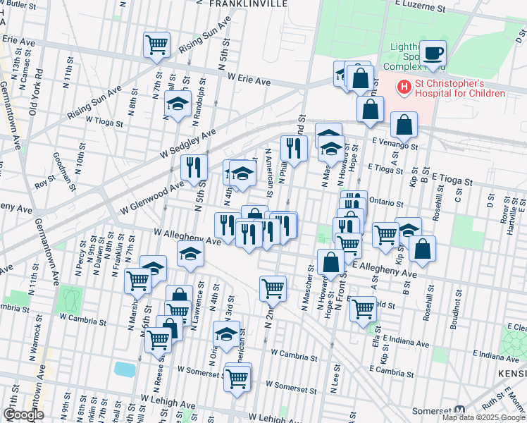 map of restaurants, bars, coffee shops, grocery stores, and more near 243 West Westmoreland Street in Philadelphia