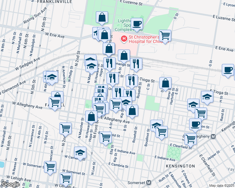 map of restaurants, bars, coffee shops, grocery stores, and more near 3339 A Street in Philadelphia
