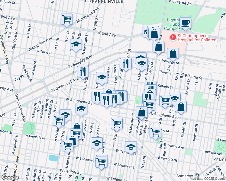map of restaurants, bars, coffee shops, grocery stores, and more near 241 West Westmoreland Street in Philadelphia