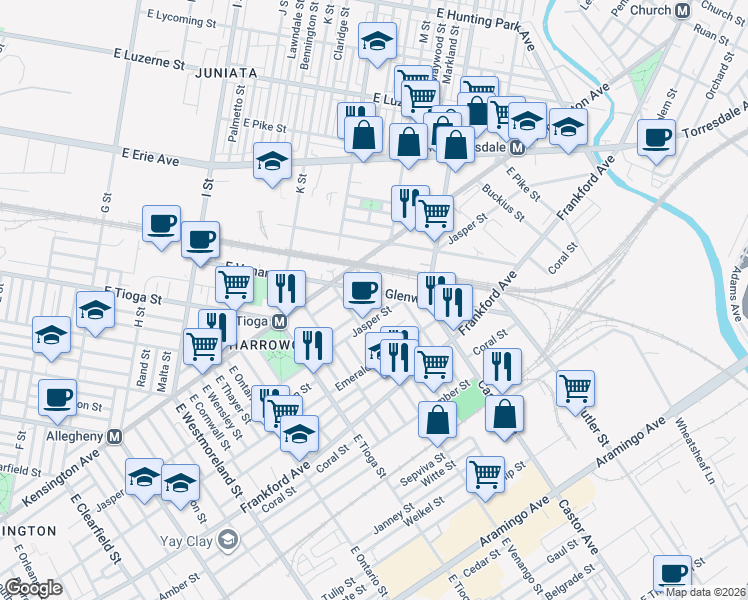 map of restaurants, bars, coffee shops, grocery stores, and more near 3632 Jasper Street in Philadelphia