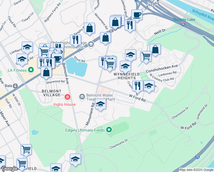 map of restaurants, bars, coffee shops, grocery stores, and more near 4065 West Ford Road in Philadelphia