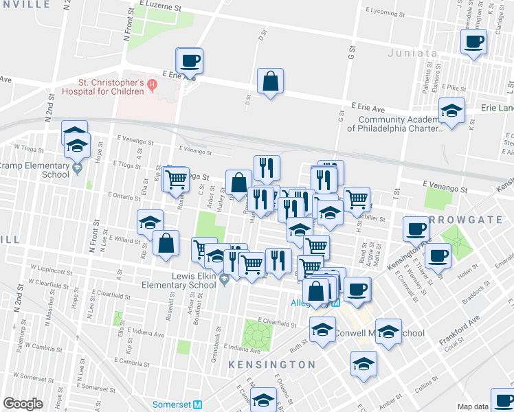 map of restaurants, bars, coffee shops, grocery stores, and more near 3427 Hartville Street in Philadelphia