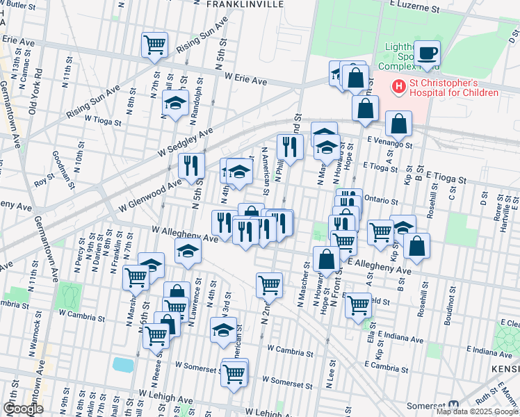 map of restaurants, bars, coffee shops, grocery stores, and more near 243 West Westmoreland Street in Philadelphia