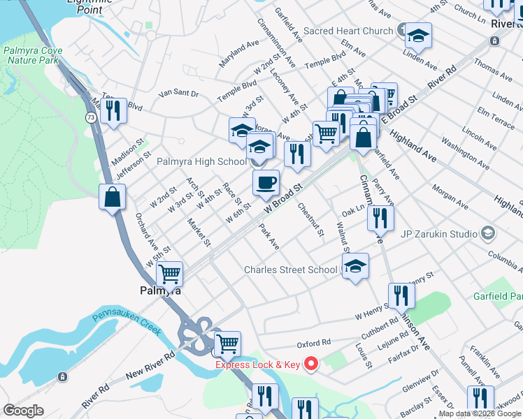map of restaurants, bars, coffee shops, grocery stores, and more near 319 West Broad Street in Palmyra