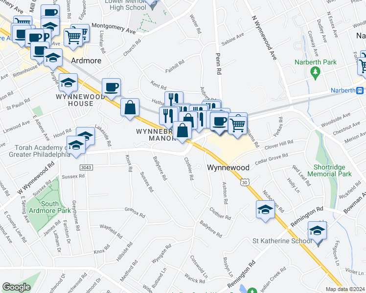 map of restaurants, bars, coffee shops, grocery stores, and more near 346 Lancaster Avenue in Wynnewood