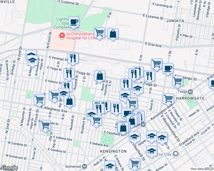 map of restaurants, bars, coffee shops, grocery stores, and more near 3427 Hartville Street in Philadelphia