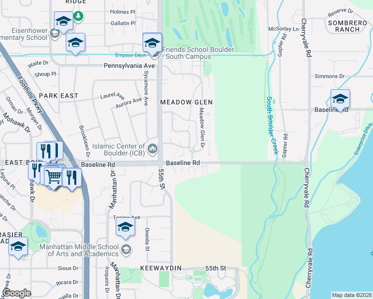 map of restaurants, bars, coffee shops, grocery stores, and more near 5580 Stonewall Place in Boulder