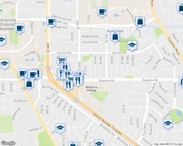 map of restaurants, bars, coffee shops, grocery stores, and more near 705 33rd Street in Boulder