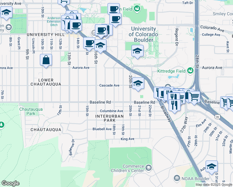 map of restaurants, bars, coffee shops, grocery stores, and more near 733 18th Street in Boulder