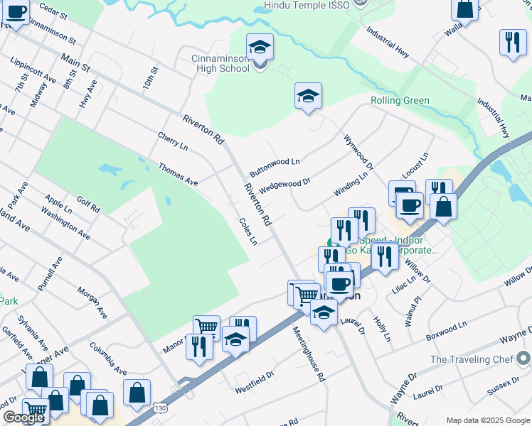 map of restaurants, bars, coffee shops, grocery stores, and more near 1441 Riverton Road in Cinnaminson