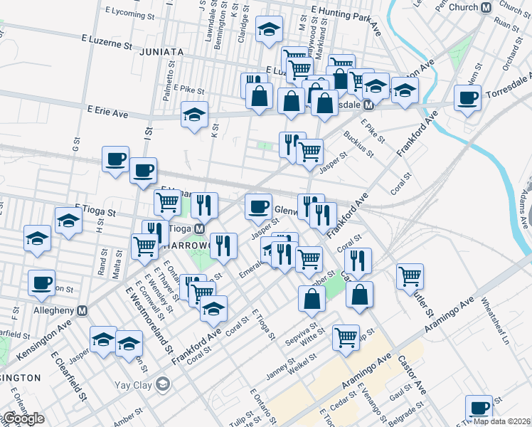 map of restaurants, bars, coffee shops, grocery stores, and more near 3632 Jasper Street in Philadelphia