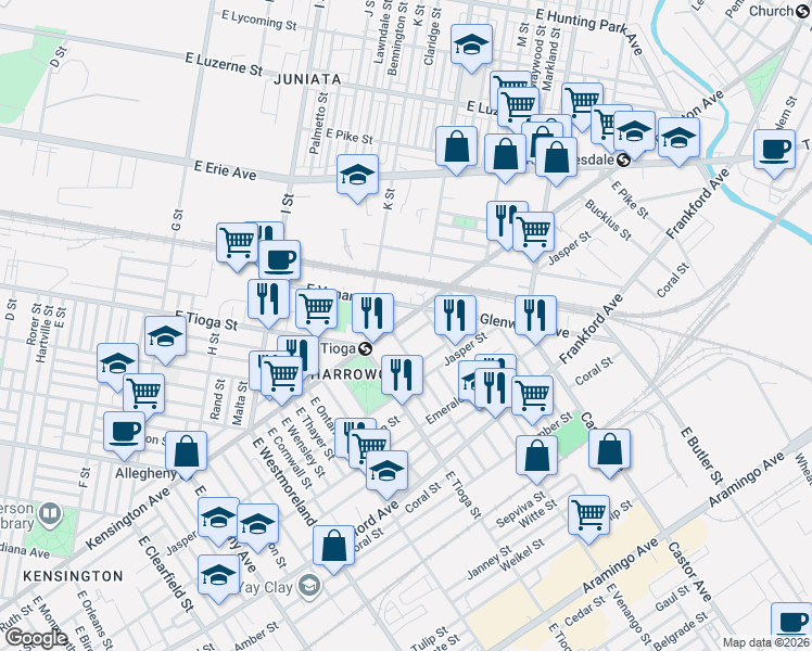 map of restaurants, bars, coffee shops, grocery stores, and more near 3540 Ruth Street in Philadelphia